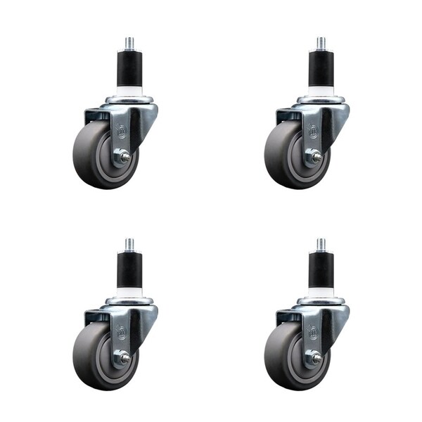 3'' SS Thermoplastic Rubber Wheel Swivel 1-1/2'' Expanding Stem Caster Set, 4PK
